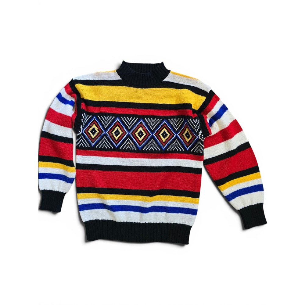 Vintage colorful Sweater Womens M Design zone 1980s red yellow stripes geometric